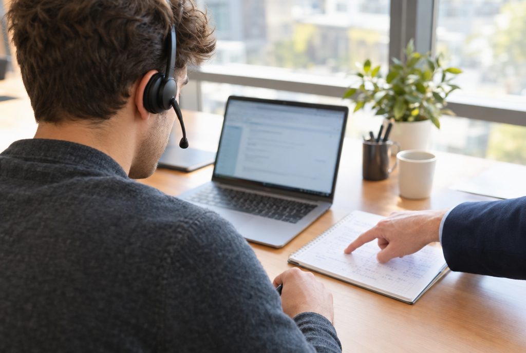 A coach pointing to call notes beside a salesperson wearing a headset during a one-to-one coaching session